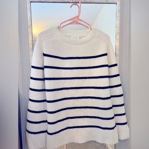 Crewneck heavy knit sweater, off white, black stripe sweater, medium